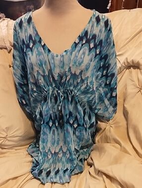 H&M Blue and Teal Ikat Print Sheer Blouse